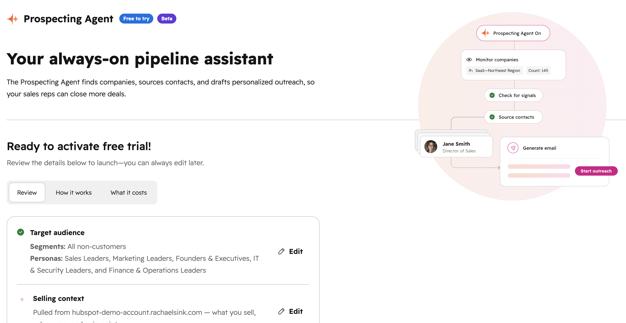 HubSpot Prospecting Agent Start Page